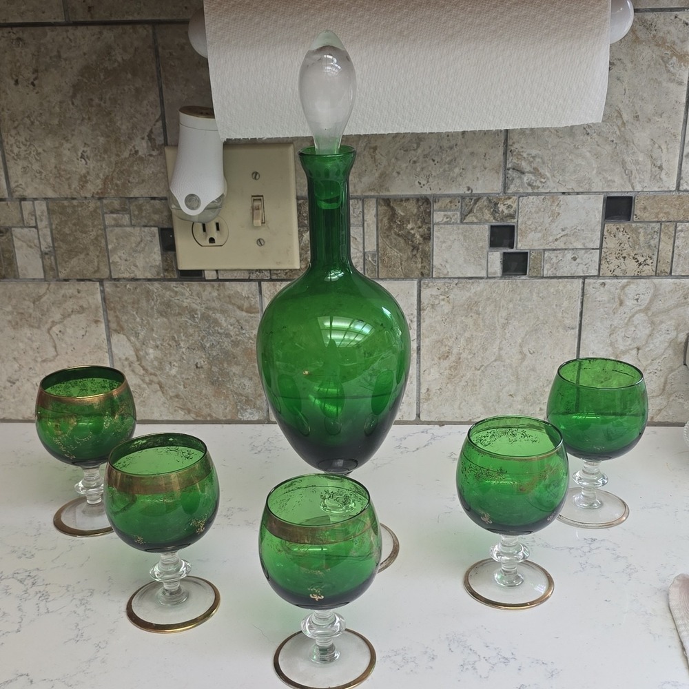 Vintage Green Crystal Decanter Set with Stopper and 6 Glasses Gold Filigree